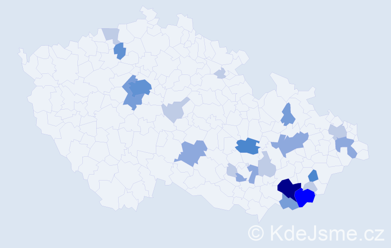 Příjmení: 'Haničinec', počet výskytů 60 v celé ČR