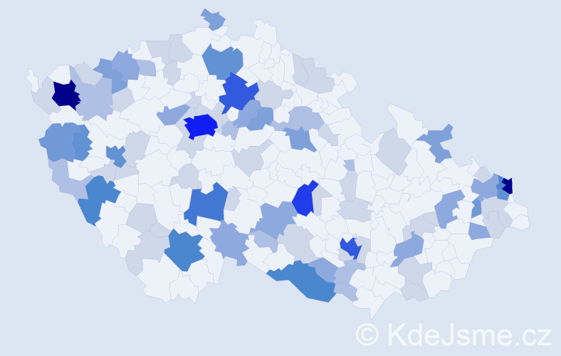 Příjmení: 'Szabóová', počet výskytů 250 v celé ČR