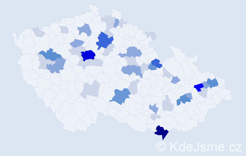 Příjmení: 'Hűbner', počet výskytů 125 v celé ČR