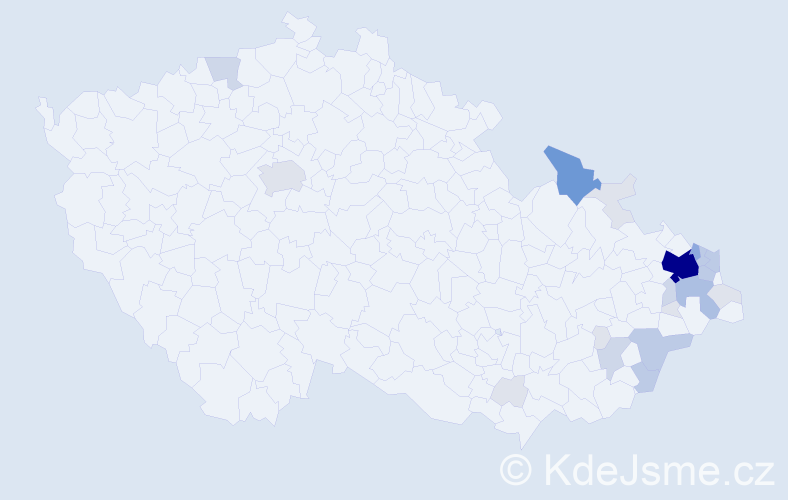 Příjmení: 'Kačor', počet výskytů 75 v celé ČR