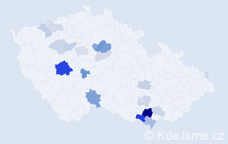 Příjmení: 'Hutr', počet výskytů 54 v celé ČR