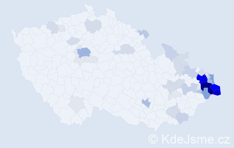 Příjmení: 'Pindur', počet výskytů 222 v celé ČR