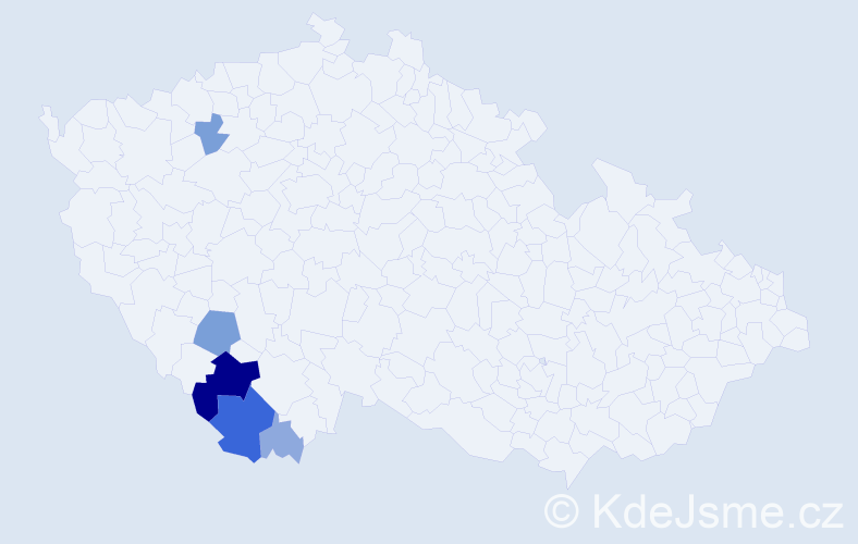Příjmení: 'Mihaly', počet výskytů 16 v celé ČR