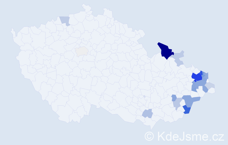 Příjmení: 'Kačor', počet výskytů 74 v celé ČR