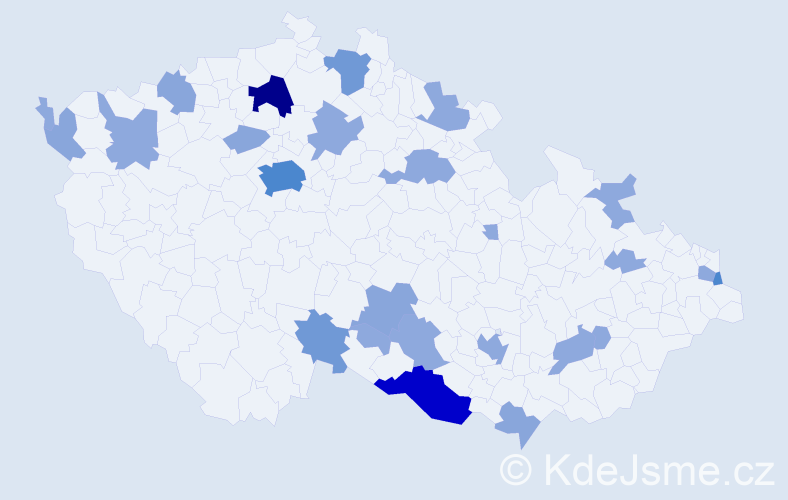 Příjmení: 'Badinková', počet výskytů 55 v celé ČR