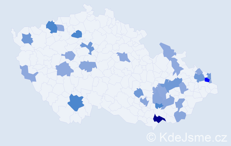 Příjmení: 'Kovár', počet výskytů 73 v celé ČR