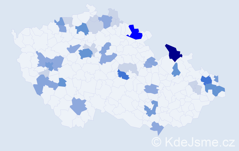 Příjmení: 'Kocúr', počet výskytů 131 v celé ČR