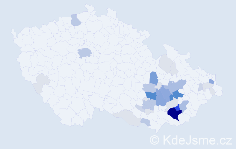 Příjmení: 'Kraváček', počet výskytů 135 v celé ČR