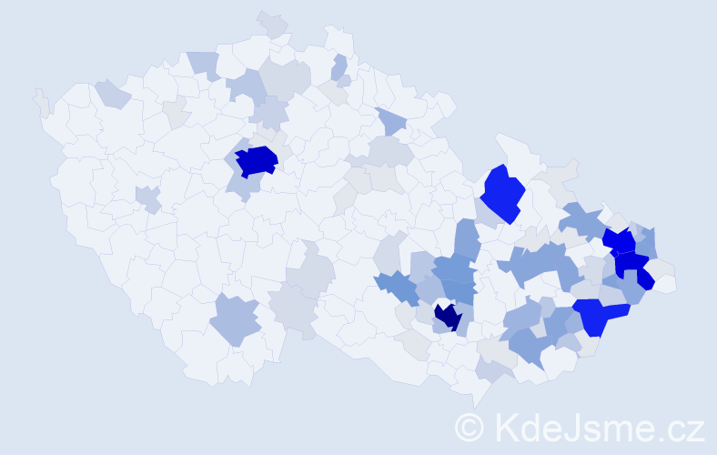 Příjmení: 'Mynář', počet výskytů 438 v celé ČR