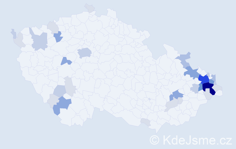 Příjmení: 'Kubačková', počet výskytů 102 v celé ČR