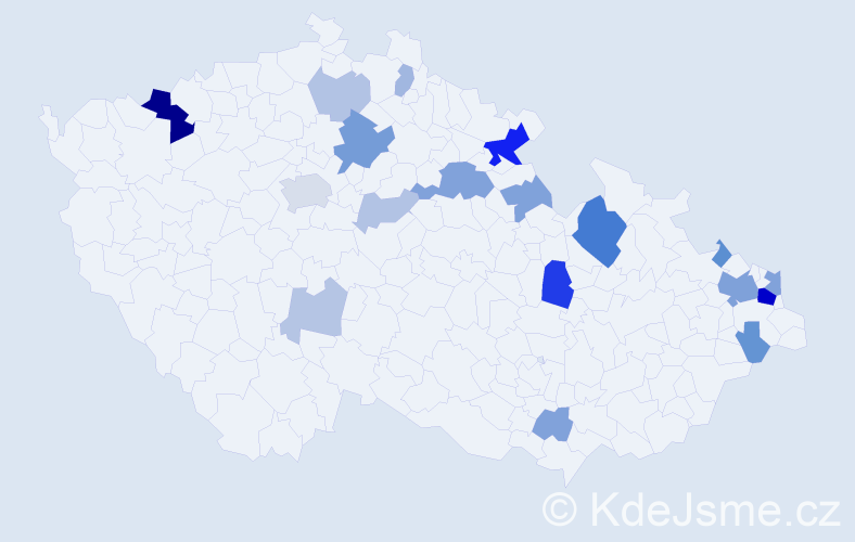 Příjmení: 'Borbély', počet výskytů 50 v celé ČR