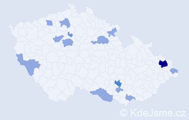 Příjmení: 'Trávniček', počet výskytů 23 v celé ČR