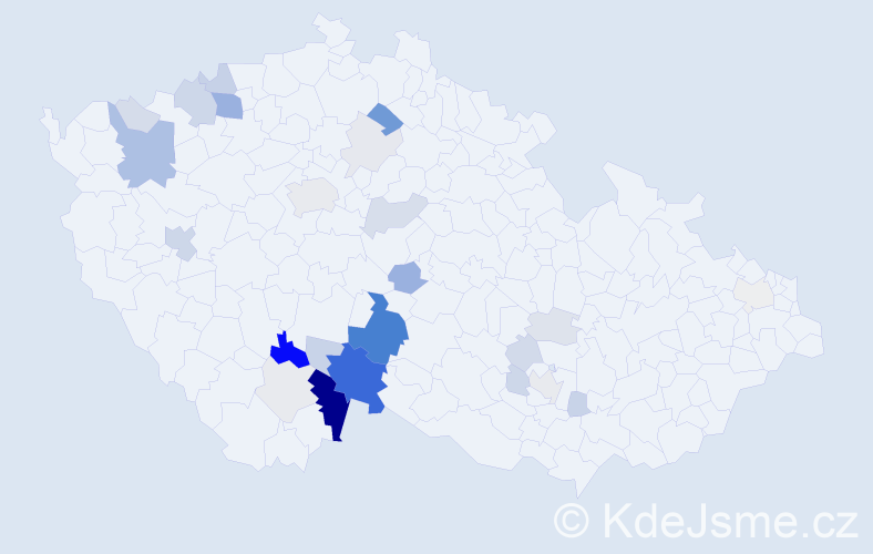 Příjmení: 'Paďourková', počet výskytů 96 v celé ČR