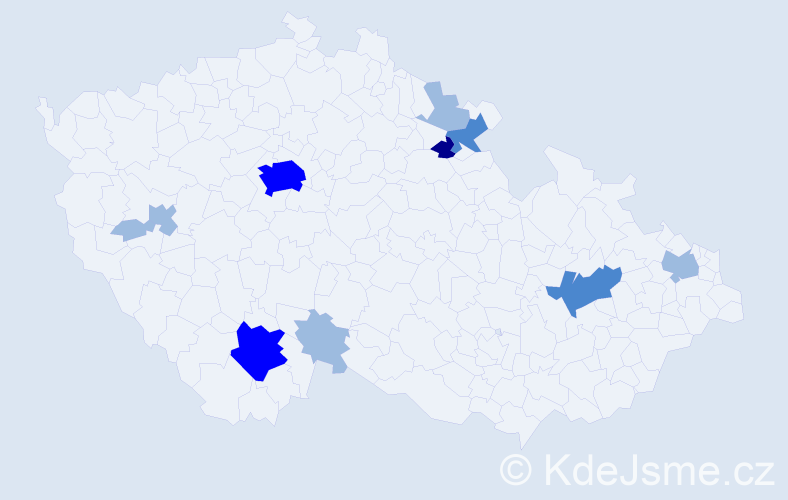 Příjmení: 'Hukel', počet výskytů 19 v celé ČR