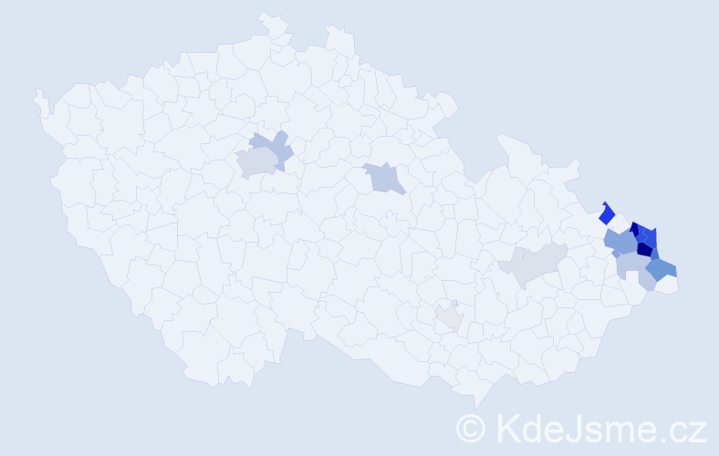 Příjmení: 'Danel', počet výskytů 74 v celé ČR