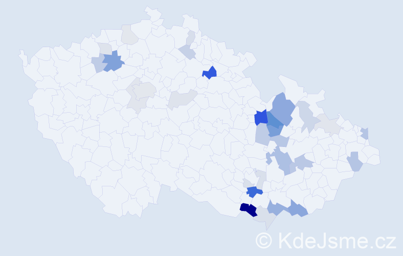 Příjmení: 'Mičo', počet výskytů 75 v celé ČR