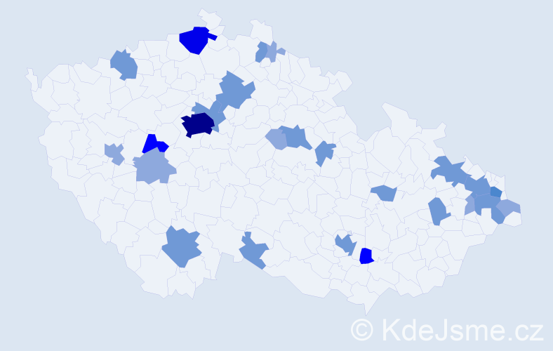 Příjmení: 'Bugár', počet výskytů 56 v celé ČR
