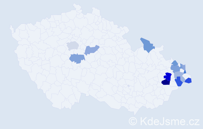 Příjmení: 'Moskala', počet výskytů 23 v celé ČR