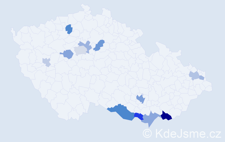 Příjmení: 'Kocák', počet výskytů 25 v celé ČR