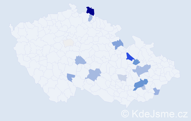 Příjmení: 'Velclová', počet výskytů 38 v celé ČR