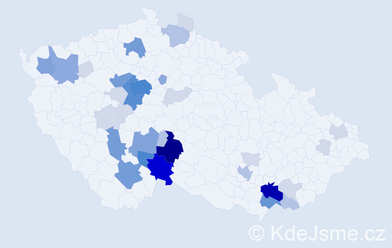 Příjmení: 'Prágr', počet výskytů 128 v celé ČR