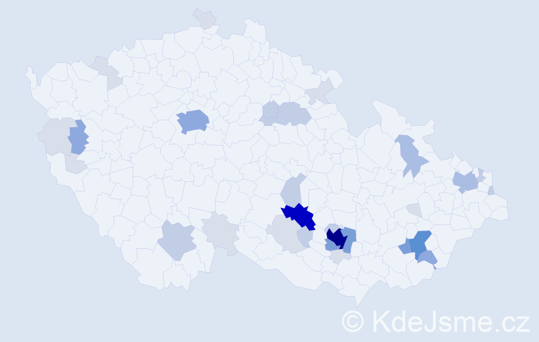 Příjmení: 'Pelánek', počet výskytů 104 v celé ČR