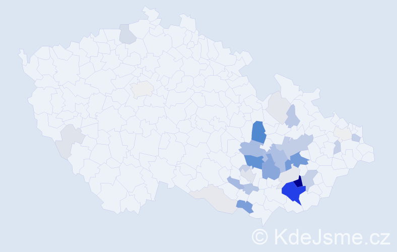 Příjmení: 'Kraváček', počet výskytů 135 v celé ČR