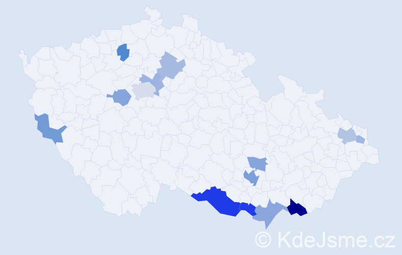 Příjmení: 'Kocák', počet výskytů 27 v celé ČR