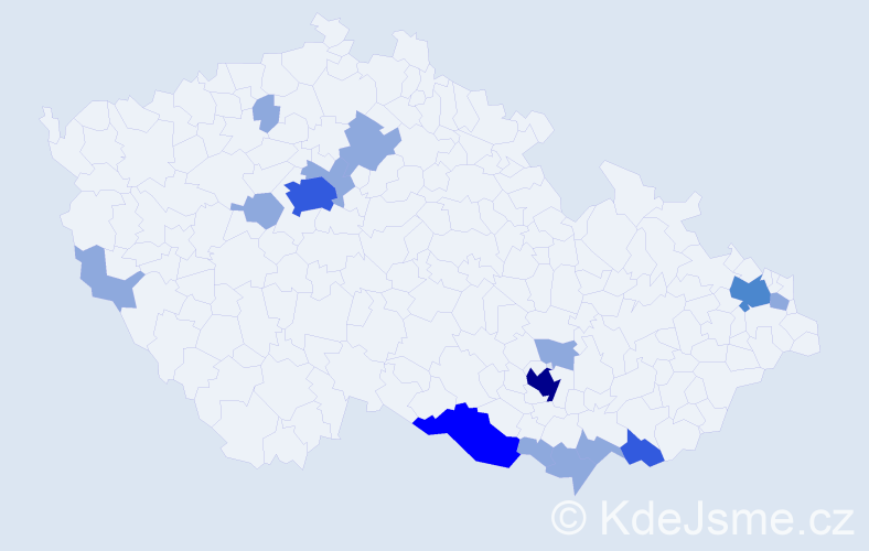 Příjmení: 'Kocák', počet výskytů 27 v celé ČR