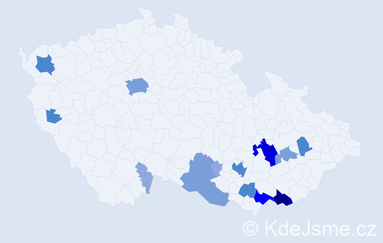 Příjmení: 'Kucharičová', počet výskytů 45 v celé ČR